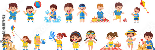 Cheerful Flat Illustration of Kids Playing on Summer Beach Vacation