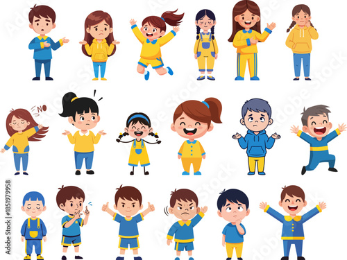 Cute Cartoon Style Collection of Diverse Children Characters Illustration