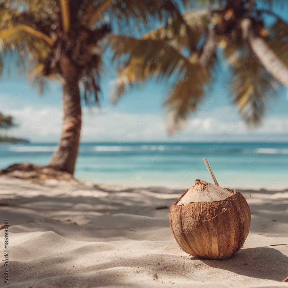 custom made wallpaper toronto digitalFresh coconut drink placed on tropical beach sand with palm trees and turquoise sea.
Keywords (47):