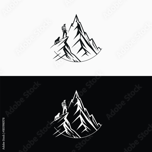 Hiker and dog on mountain peak in black and white illustration