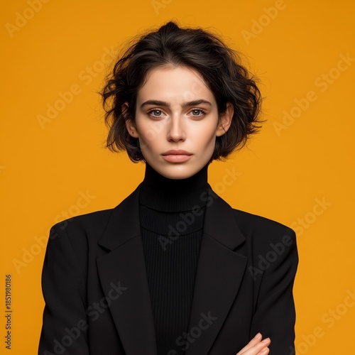 Elegant studio portrait of confident businesswoman in black suit against orange background.