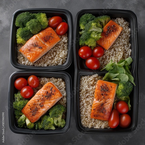 Balanced meal prep boxes with grilled salmon, brown rice, broccoli and cherry tomatoes.
