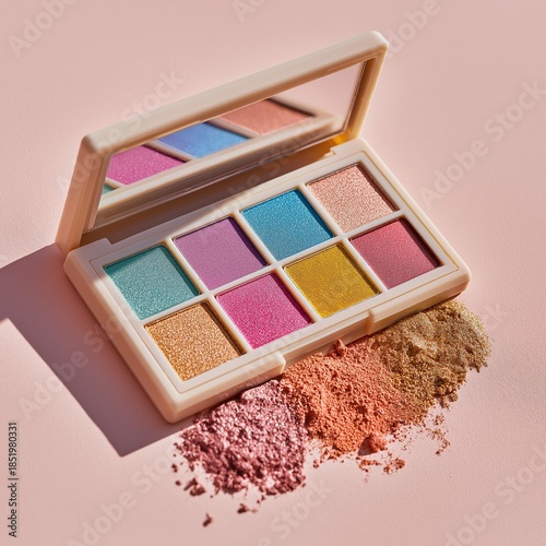 Open eyeshadow palette with vibrant colors and loose powder on soft pastel surface.