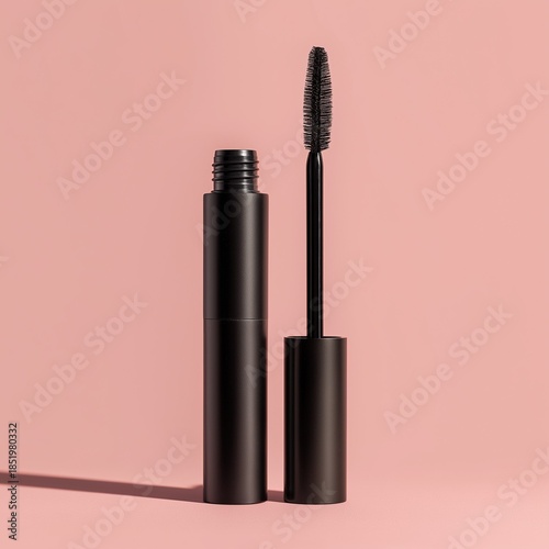 Open black mascara tube with detailed wand displayed on soft pink background.