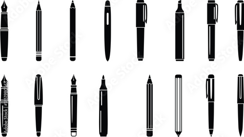Pen and pencil silhouettes set, writing tools collection, stationery design elements, office school supplies, isolated black illustration pack