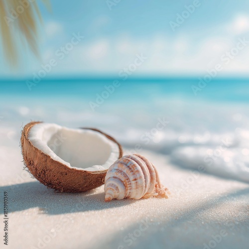 Open coconut and seashell placed on warm sand with blue ocean background.