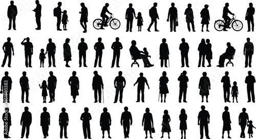 People silhouette collection, black crowd human figures set, walking standing daily activities, urban lifestyle characters, cad drawing flat vector illustration
