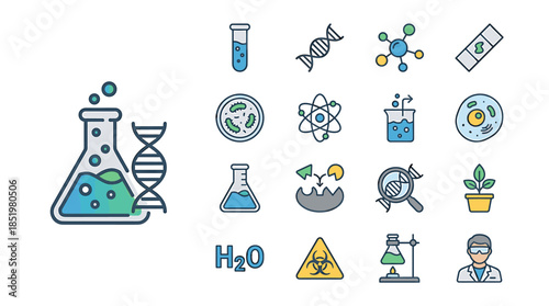 Collection of science and biology icons including beakers, test tubes, and molecular structures on a white background with a blue and green color scheme.