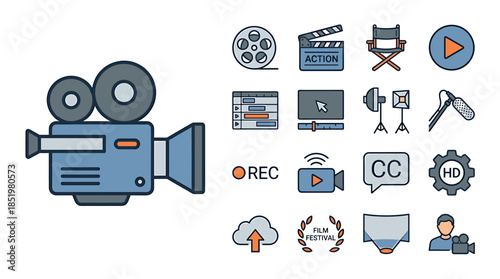 Flat lay of various video production and editing icons including a camera, film reel, play button, and social media symbols against a clean white background with a cinematic feel.