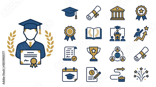 Flat lay of various graduation and education icons on a white background with a mix of blue and gold colors conveying achievement and learning.