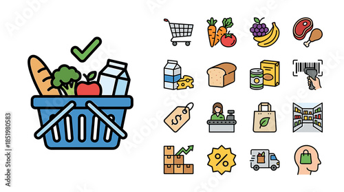 A colorful flat lay illustration of a shopping basket filled with groceries and various icons related to online shopping and food delivery on a clean white background.