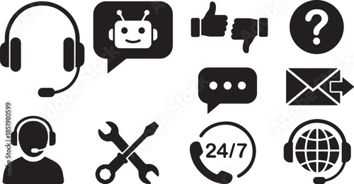 A collection of black and white vector icons representing customer support, technical assistance, communication, and feedback mechanisms, designed for digital interfaces and graphic design projects.