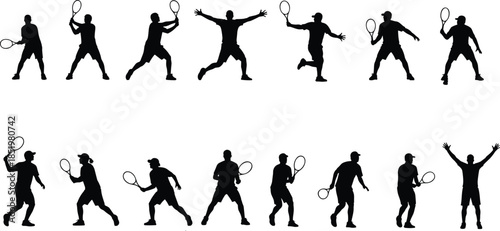 WebTennis player silhouette action set showing forehand backhand serve movement celebration isolated on white background sports illustration collection