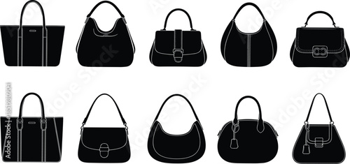 Women handbag silhouette collection, black purse and bag icons set, fashion accessories design, modern style elements, cad drawing flat vector illustration