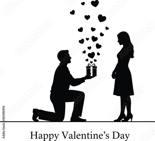 Black silhouette of man proposing to woman on one knee with gift box and floating hearts for Happy Valentine’s Day.