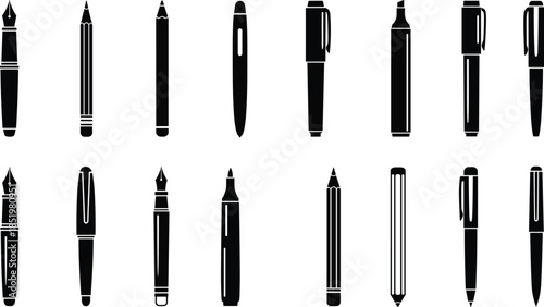 Writing instrument silhouettes, pens, pencils, markers, black icons, vector tools, fountain pen, ballpoint, mechanical pencil, highlighter, design set
