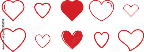 Heart set red heath line design, symbol, Valentines day. Set of 10 red Heart icon. hand drawn love symbol collection heart shape inside representing love romance.