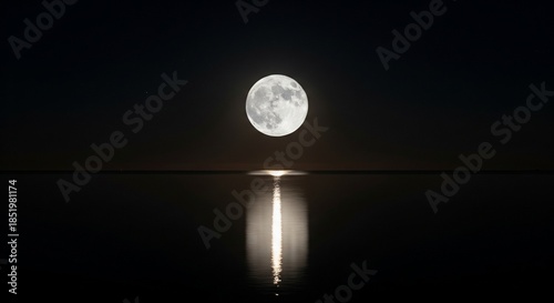 Full moon reflecting on calm dark water
A bright, detailed full moon hanging in a pitch-black sky, creating a sharp, vertical pillar of light reflected on the surface of calm