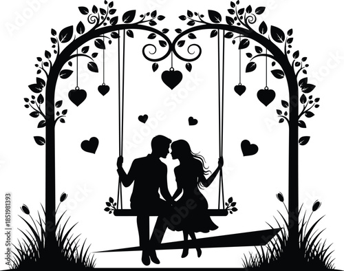 Black silhouette of romantic couple sitting on swing under garden arch with hanging hearts for Valentine’s Day and wedding celebration.