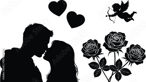 Black silhouette of romantic couple kissing with rose bouquet hearts and Cupid for Valentine’s Day wedding and engagement card designs.