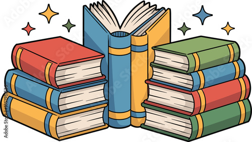 Colorful Stacked Books with Sparkling Stars Vector Illustration
