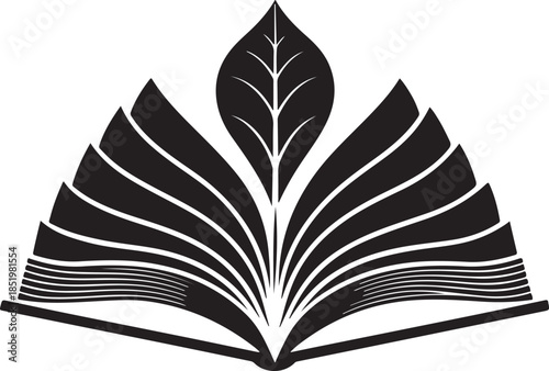 Stylized Open Book with Leaf and Petal Design Keywords: book, open book, education, learning, knowledge, wisdom, growth, nature, leaf, petals, abstract, design, symbol, concept, black and white