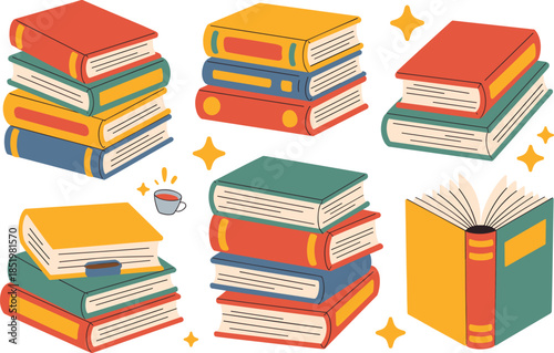 Colorful Stacked Books and Open Book Vector Illustration with Sparkle Accents and Coffee Cup