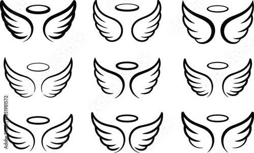Set of Angel Wings and Halos Vector Illustration - Collection of Stylized Winged Symbols and Divine Iconography