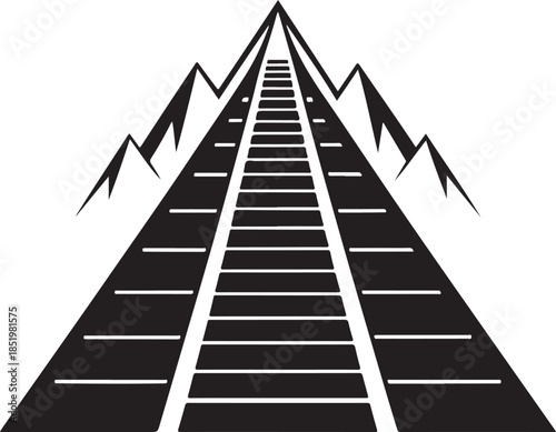 Stylized Pyramid with Railroad Tracks Leading to the Apex Keywords: pyramid, railroad tracks, train tracks, mountain, apex, summit, journey, travel, destination, ascent, progress, goal, ambition