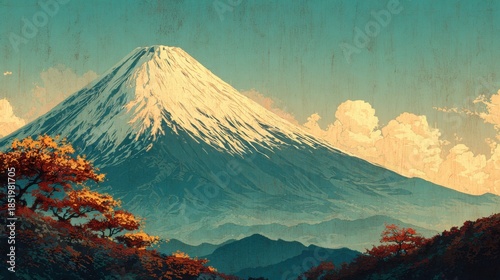 Mount Fuji, embodying the profound Japanese aesthetic of symbol of majesty and permanence, rendered in ukiyo-e technique, capturing the essence of autumn with wabi-sabi philosophy
