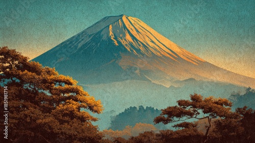 Mount Fuji, embodying the profound Japanese aesthetic of symbol of majesty and permanence, rendered in ukiyo-e technique, capturing the essence of autumn with wabi-sabi philosophy
