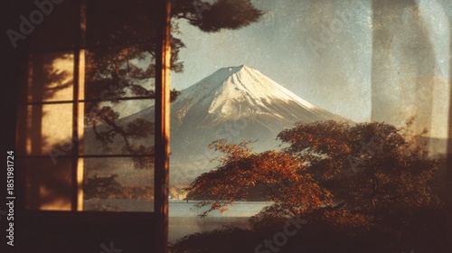 Mount Fuji, embodying the profound Japanese aesthetic of symbol of majesty and permanence, rendered in ukiyo-e technique, capturing the essence of autumn with wabi-sabi philosophy
