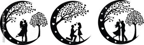 Collection of black silhouettes featuring romantic couples hugging, dancing, and proposing under a crescent moon heart tree for Valentine’s Day.