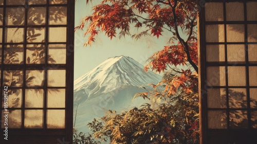 Mount Fuji, embodying the profound Japanese aesthetic of symbol of majesty and permanence, rendered in ukiyo-e technique, capturing the essence of autumn with wabi-sabi philosophy
