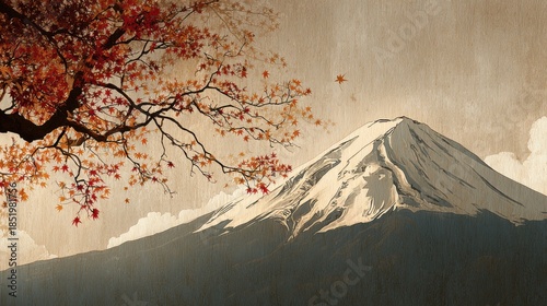 Mount Fuji, embodying the profound Japanese aesthetic of symbol of majesty and permanence, rendered in ukiyo-e technique, capturing the essence of autumn with wabi-sabi philosophy
