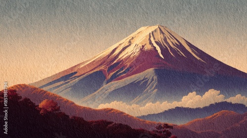 Mount Fuji, embodying the profound Japanese aesthetic of symbol of majesty and permanence, rendered in ukiyo-e technique, capturing the essence of autumn with wabi-sabi philosophy
