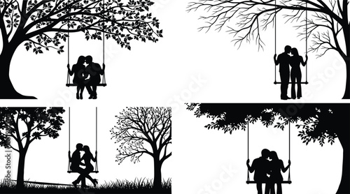 Collection of black silhouettes featuring romantic couples sitting and kissing on garden swings under large leafy trees for Valentine’s Day.
