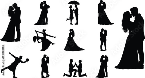 Collection of black silhouettes featuring romantic wedding couples hugging kissing and proposing for Valentine’s Day and bridal shower card designs.
