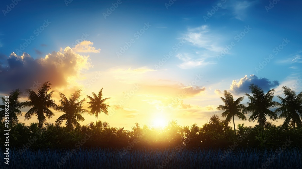 Obraz premium Breathtaking Sunset Over Tropical Landscape with Silhouette of Palm Trees