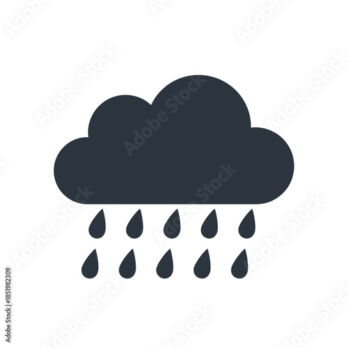 a simple dark blue cloud icon with several raindrops falling downwards depicting a rainy weather condition clearly and concisely high quality