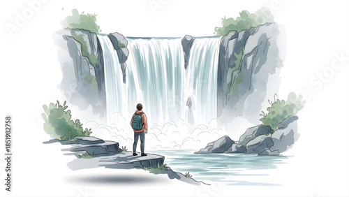 A person stands on a rock, gazing at a magnificent waterfall cascading down a cliffside, surrounded by lush greenery