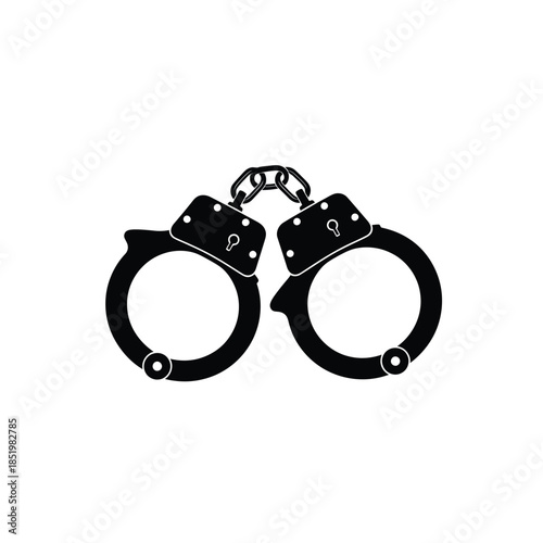 a black and white illustration depicts a pair of metal handcuffs symbolizing arrest restriction and legal consequences isolated on a white
