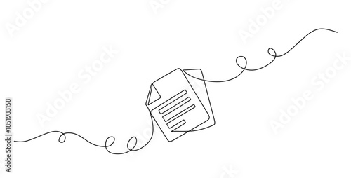 Continuous line drawing of a document or paper with scribbled text, isolated on continuous one line art of vector illustration