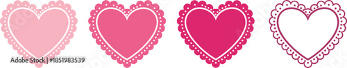 Set of pink lace heart illustrations with scalloped edges and dotted borders for Valentine’s Day wedding invitations and romantic card designs.