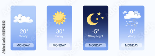 Mobile weather app interface design. Elements for weather forecast mobile app. Cloudy, sunny, Starry night and Windy. Vector illustration. Temperature, weather condition user interface generator.