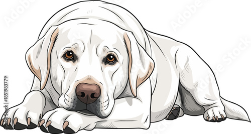 White Labrador Retriever dog lying down relaxed cute front view 
