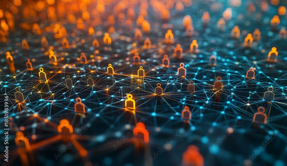 Obraz premium Network of glowing orange and blue human figures connected by lines connection people