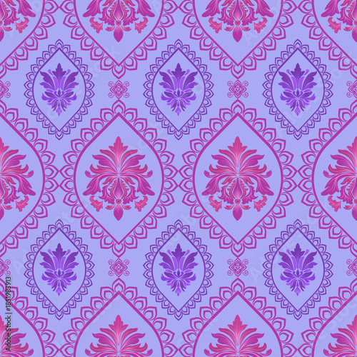seamless damask pattern with pink and purple abstract flower, vector illustration elegant for textile, wall paper, bedding, curtains, rug, cushion cover, upholstery fabric, vintage, Baroque style