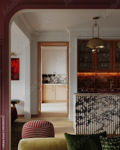 Foto Stylish open-plan interior with an arched doorway, textured surfaces, and warm lighting connecting living and kitchen spaces