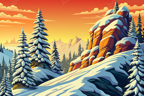 Snow covered pine trees climb a gentle hillside, creating rhythmic patterns and depth across a peaceful winter landscape shaped by elevation and natural symmetry, sunset golden time